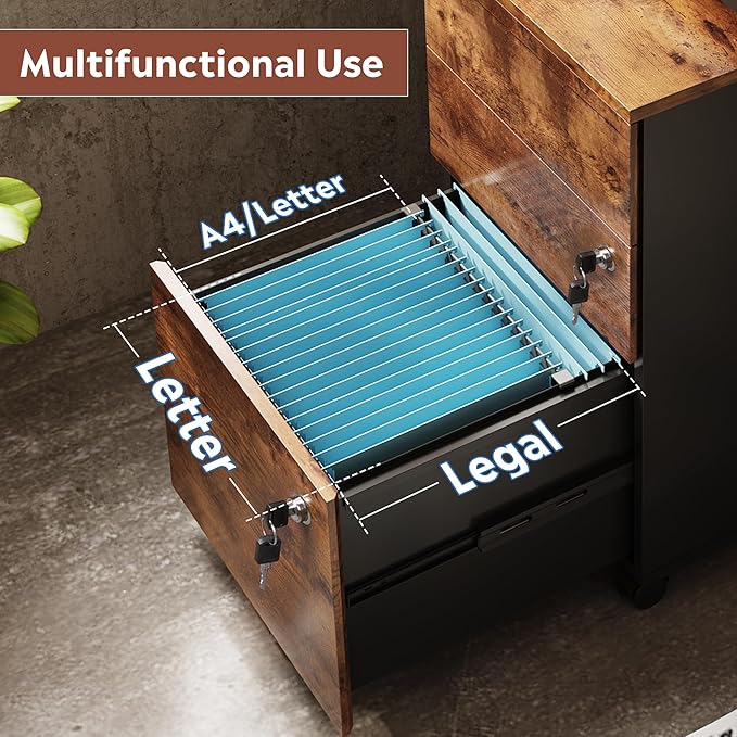 DEVAISE 3 Drawer Rolling File Cabinet with Lock Wood Under Desk Filing Cabinet fits Letter/Legal/A4 Size for Home Office Rustic Brown