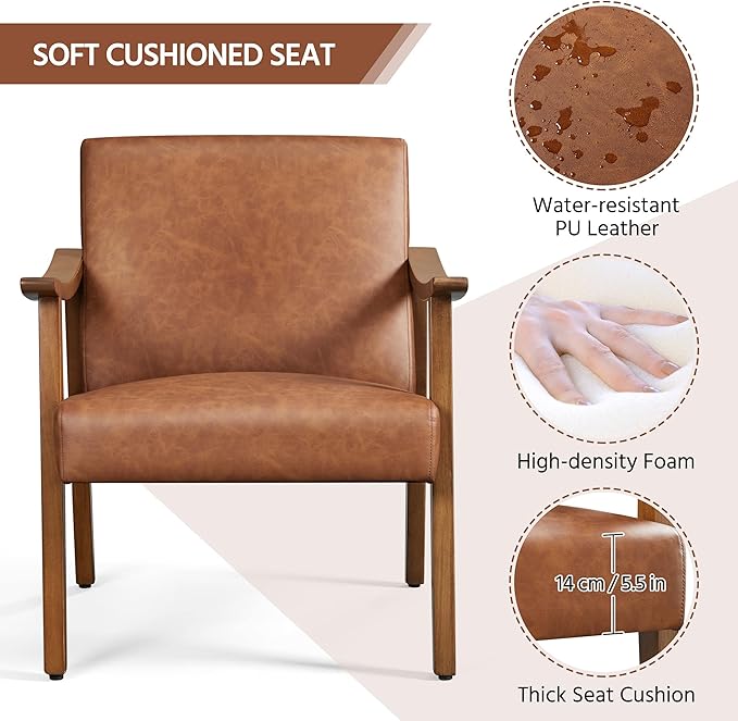 Yaheetech PU Leather Accent Chair Mid-Century Modern Armchair with Solid Wood Legs Reading Leisure Chair with High Back for Living Room Bedroom Waiting Room Light Brown