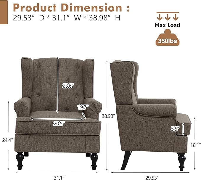 Accent Chair for Living Room Mid Century Modern Upholstered Armchair Wingback Chair with Tufted High Back and Solid Legs Comfy Side Chairs Single Sofa for Bedroom Brown