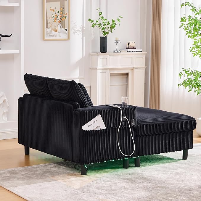 SLEERWAY Modern Corduroy Chaise Lounge Sofa Indoor - 55.9 Comfy Oversized Couch Bed with USB Ports Cup Holder Side Pocket Lights 3 Throw Pillows Lazy Recliner Chairs Living Room (Black)