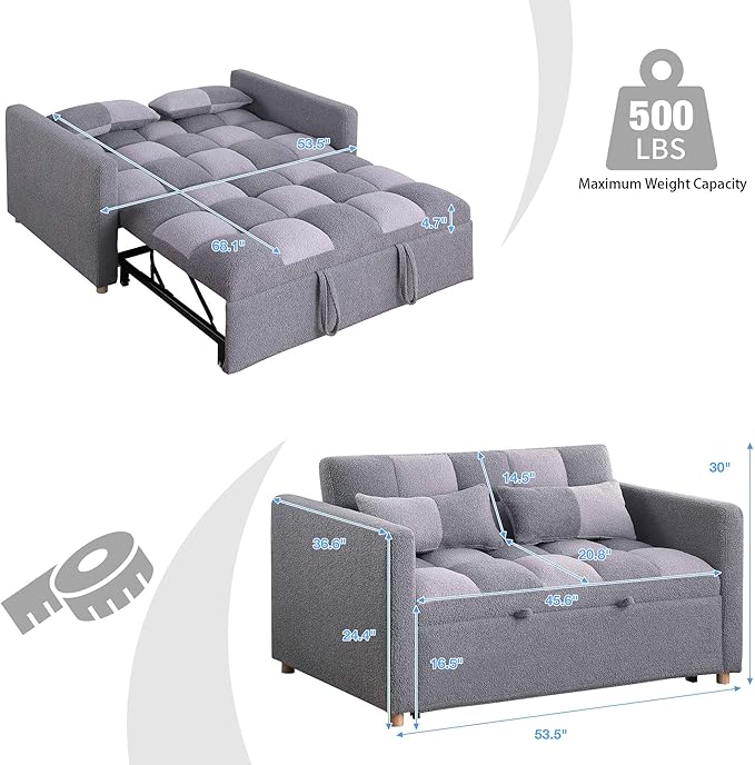 Loveseat Sleeper Sofa Bed Pull Out Couch with Adjustable Backrest and Soft Fabric Deal for Living Room and Small Spaces Grey