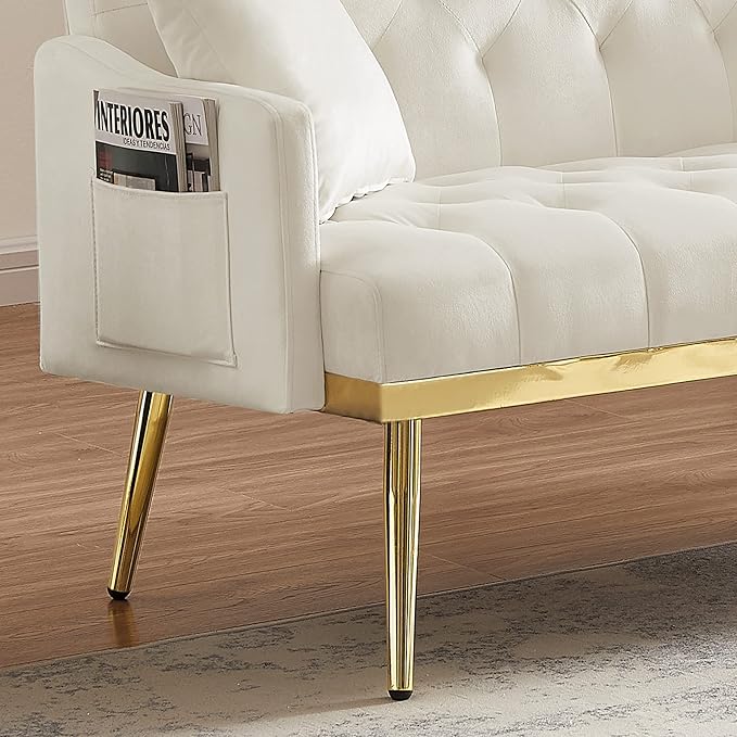 Velvet Tufted Small Loveseat Sofa Modern 2 Seater Accent Sofa Couch with Gold Metal Legs and 2 Pillows for Living Room (Cream White)