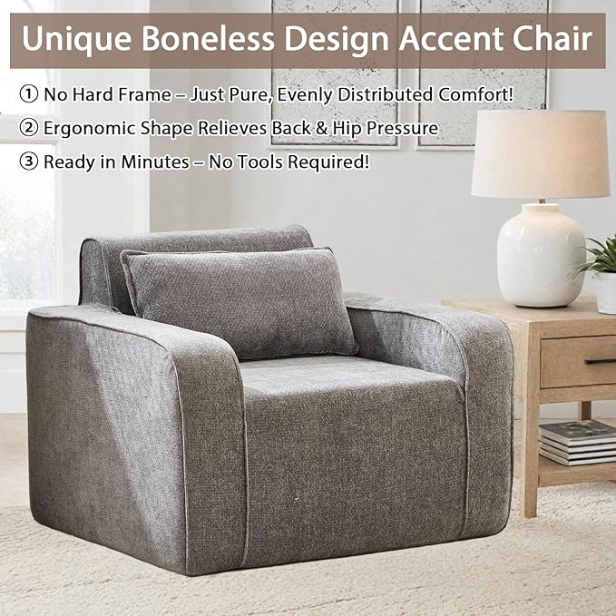 Accent Chair Set of 2 42'' Wide Oversized Boneless Sofa Chenille Mid Century Modern Armchair for Living Room Bedroom Comfy Accent Chair Single Sofa Gray