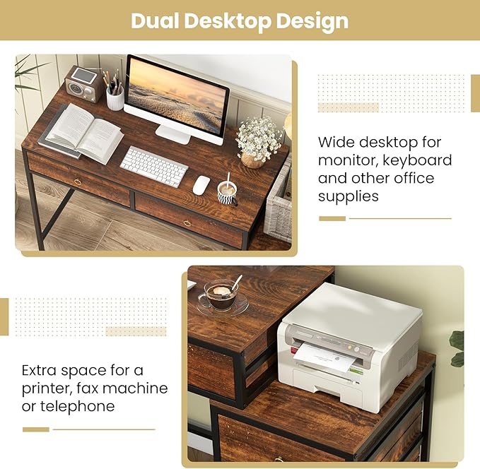 Tangkula Computer Desk with 5 Drawers 51 Home Office Desk with Printer Stand Metal Frame Study Writing Table Industrial Computer Workstation PC Desk for Bedroom Office Small Space Rustic Brown