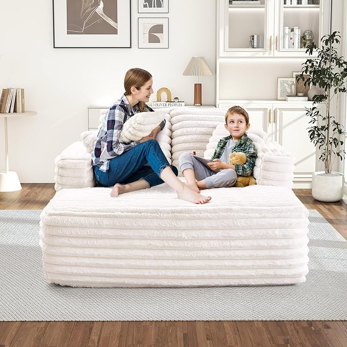 Chaise Lounge Chair Indoor Comfy Corduroy Plush Fluffy Foam Floor Compression Sofa Chair Leisure Reading Single Sleeper Chaise Chair for Living Room Bedroom Office Pillows Included (Beige)