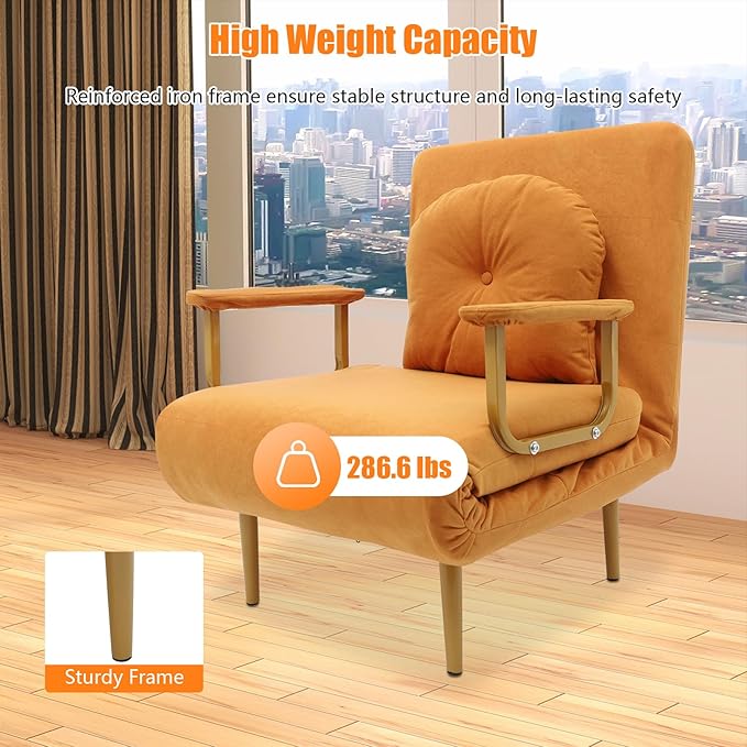 Convertible Sleeper Sofa Bed 3 in 1 Multi-Functional Sofa Chair Bed with 5 Position Adjustable Backrest Folding Sofa Bed Floor Single Chairs Fold Out Chair Beds for Living Room (Orange)