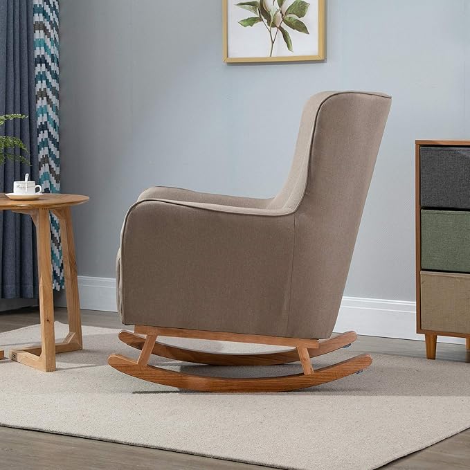 HOMCOM Modern Rocking Chair Sofa Armchair Modern Accent Chair with Thick Padding Winged Back for Living Room or Bedroom Greige