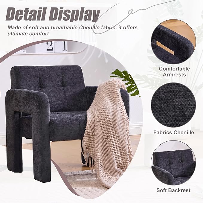Neftis 26 W x 27 L Accent Chair for Living Room Black Modern Minimalist Armchair with Chenille Fabric High-Density Foam Wide Comfy Leisure Armchair for Bedroom/Office/Apartment