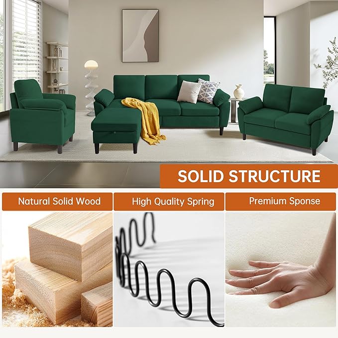 3 Pieces Sectional Sofa Couches Set 3-Seater L Shaped Couch Sofas and Loveseat with Armchair and Storage Ottoman for Living Room Living Room Furniture Set Green
