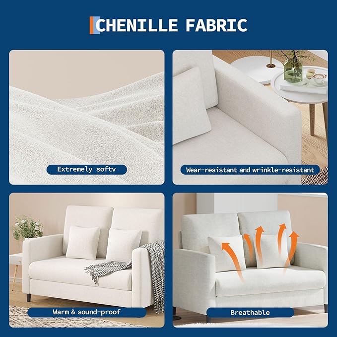 IDEALHOUSE Loveseat Sofa 52 Love Seat for Small Spaces Mid Century Sofa Accent Chair Wood Frame Tool-Free Assembly Comfy Sofa Couch for Bedroom Living Room Beige