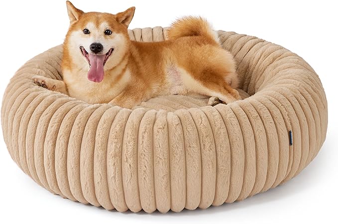 Bedsure ComfyFleece™ Donut Large Dog Bed - Washable Faux Fur with Corduroy Fleece &amp Anti Slip Bottom Round Pet Bed with Removable Cover Sandy Beige 36x36x8 inches