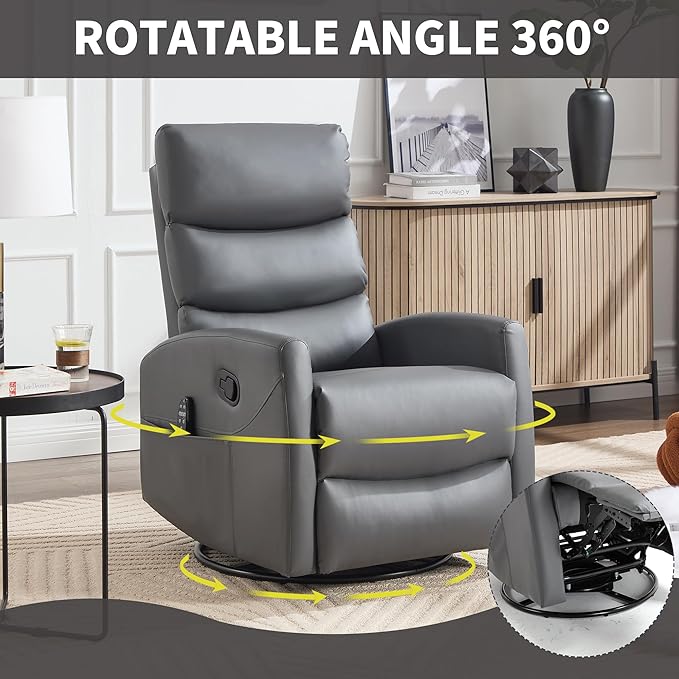 Manual Swivel Rocker Recliner Chair for Adults Overstuffed Reclining Glider Chair for Nursing with Vibration Massage &amp Heat Living Room Rocking Recliner 3-Stage backrest Faux Leather Gray