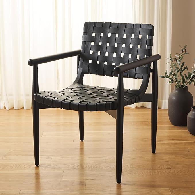 SAFAVIEH Home Collection Dionne Black Solid Wood/Black Leather Woven Accent Chair (Fully Assembled)