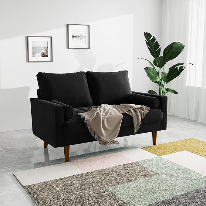 SILKIR Velvet Loveseat Sofa Love Seats Furniture for Small Spaces Mid-Century Modern Loveseats for Living Room Love Seat Couch 58 Inches Black