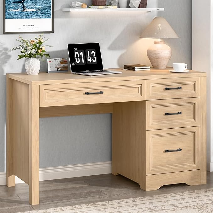 Vabches Farmhouse Executive Desk with Storage and Ample File Drawer Rustic Large Home Writing Desk for Bedroom Natural