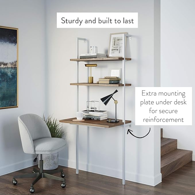 Nathan James Theo 2-Shelf Industrial Wall Mount Ladder Small Computer or Writing Desk Rustic Oak/White