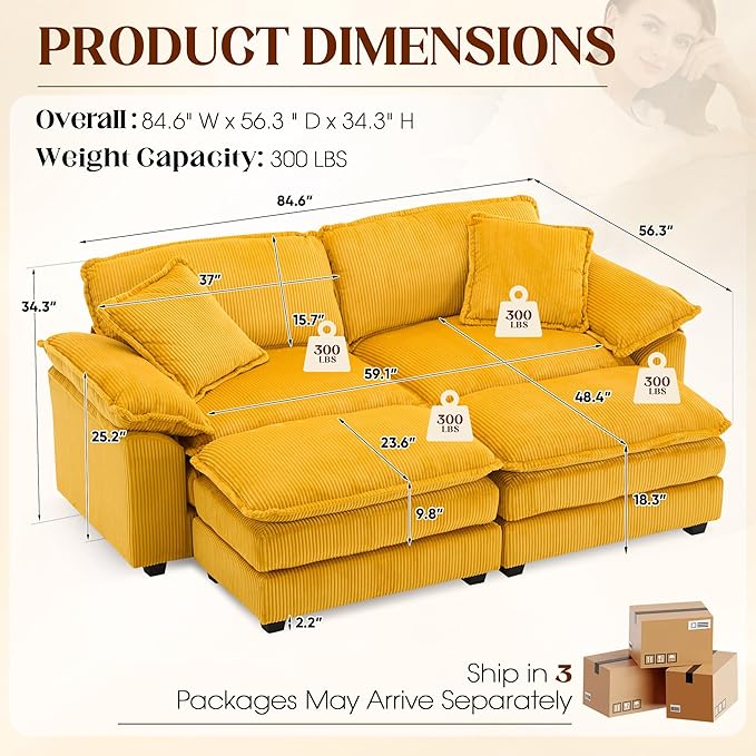 Modular Sectional Sofa 84'' Comfy Corduroy Double Layer Upholstered Cloud Couch Loveseat Sleeper Sofa with Moveable Ottoman 2 Pillows and Detachable Armrest for Living Room Yellow