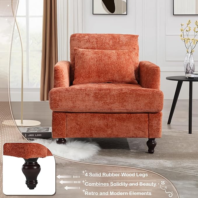 KINFFICT Modern Accent Chair for Living Room Upholstered Single Sofa Chair with Lumbar Pillow Comfy Armchair with Thickened Cushion Living Room Chairs for Bedroom Office Orange Chenille