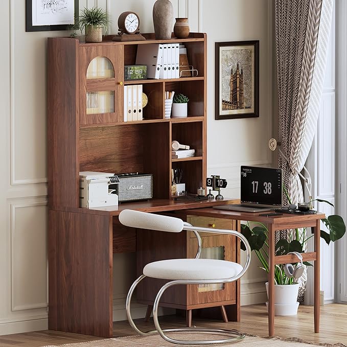 L Shaped Home Office Desks with 90° Rotating Retractable Desktop Glass Door Hutch Drawers Bookshelf &amp Storage Shelves 43 Modern Gaming Computer Corner Table for Work Study Writing Walnut