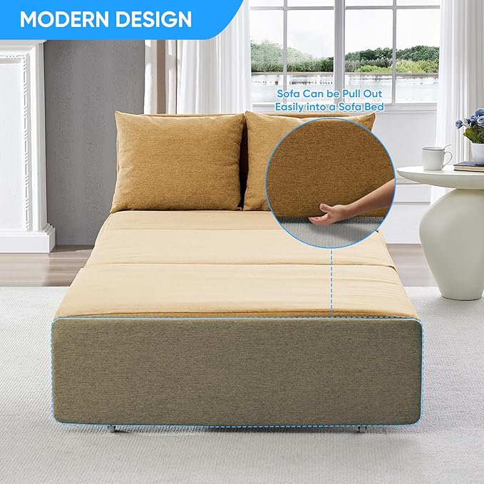 Mjkone 43 W Twin Size Pull Out Sleeper Sofa Bed Chair with Pullout Couch Beds 2 in 1 Convertible Single Sofas Sleeper Chair with Pillows for Living Room Small Place Apartment Office Yellow