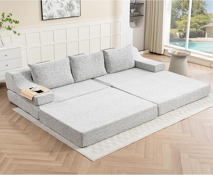 MEISSALIVVE 110.6 Convertible Sleeper Sofa Chair Folding Corduroy Armchair Adjustable Floor Sofa Bed with Removable Pillow No-Assembly Required Living Room Bedroom Apartment (Grey