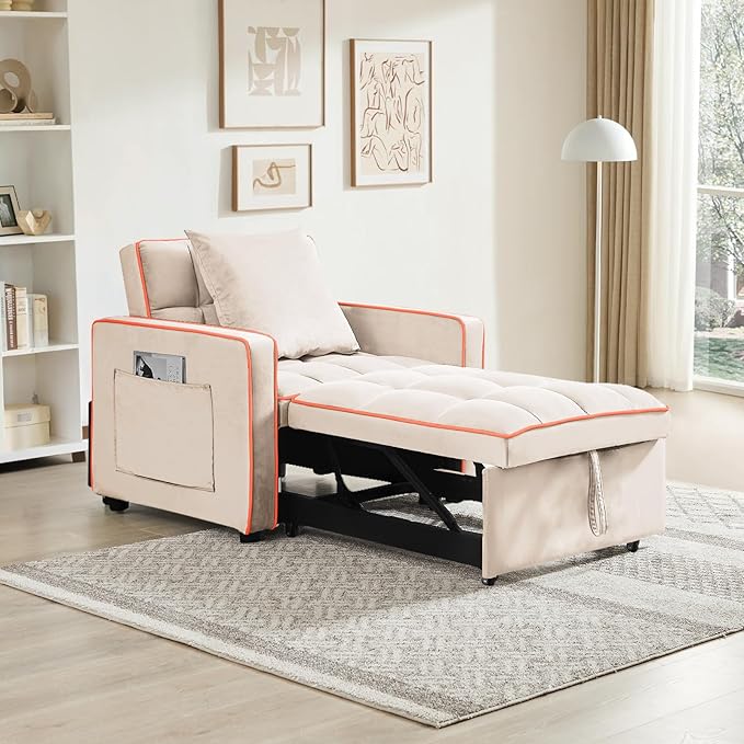 3 in 1 Velvet Sleeper Chair Pull Out Convertible Single Sofa Bed Futon Modern Tufted Chair Bed with Adjustable Backrest Pullout Sleeper Sofa Chair for Bedroom Living Room Indoor Lounge(Beige)