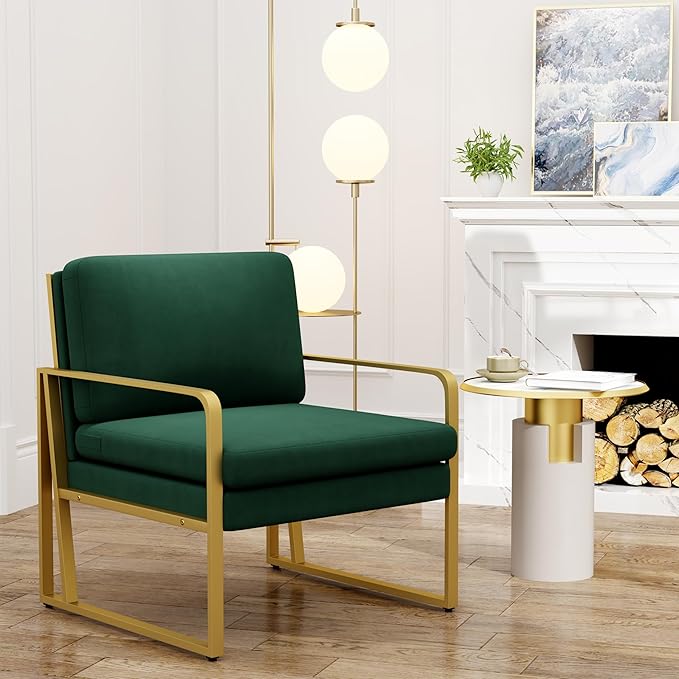 Andeworld Velvet Accent Chair Mid Century Living Room ArmchairUpholstered Modern Sofa Side Chair with Metal Golden Legs for ReadingLoungingBedroom Apartment Green