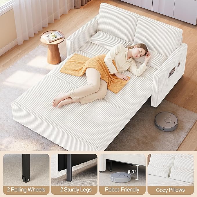 Ahomly Convertible Loveseat Sleeper Sofa Bed 3 in 1 Pull Out Couch Bed with 77.2'' Sleeper Length Corduroy Sofa with 8.7'' Ground Clearance for Living Room Bedroom Beige