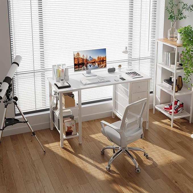 Lufeiya White Desk with Drawers &amp Storage Shelves 47 Inch Study Work Writing Desk for Home Office Bedroom Simple Modern Cute PC Computer Desks Table White