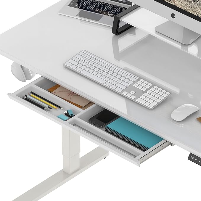 SHW 48x24 Glass Electric Height Adjustable Standing Desk – Motorized Sit Stand Desk with Monitor Riser Pull-Out Drawer Memory Presets White