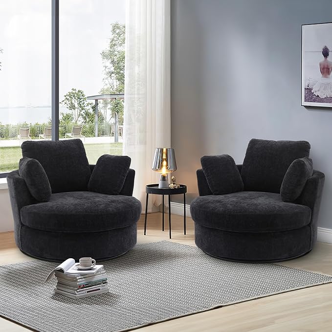 SLEERWAY Oversized Swivel Chairs Set of 2 Big Comfy Round Accent Barrel Chair and A Half Bucket Loveseat Bedroom Club Reading Lounge Living Room Furniture Set (Black)
