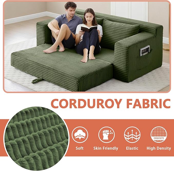 73 Boneless Loveseat Couch 2 in 1 Pull Out Sleeper Sofa with Side Pockets &amp 2 Pillows Folding Convertible Corduroy Floor Couch for Apartment Living Room Bedroom No Assembly(Green)