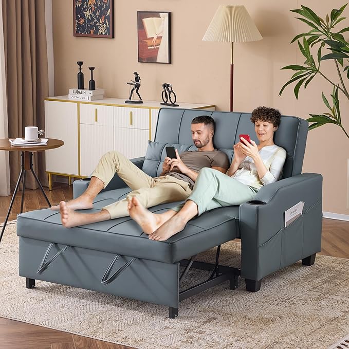 VINGLI Blue Grey Futon Sofa Bed Convertible Loveseat Sleeper Couch Faux Leather Pullout Sofa Fold Out Couch Bed with USB Ports Cup Holders Armrest for Living Room Bedroom Apartment Room