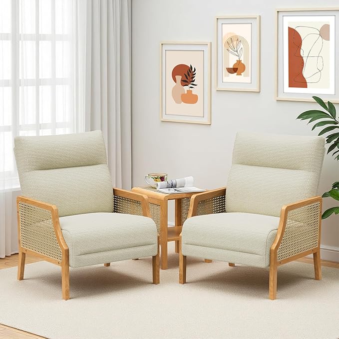 Rattan Accent Chair Set of 2 Mid Century Modern Armchair with Back Cushions and Ash Wood Legs Arm Chair for Living Room Beige