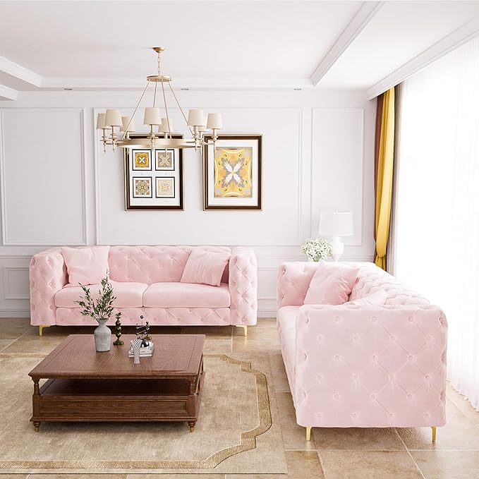 75 Sofa Couch Mid Century Modern Velvet Couch Tufted Button Sofa High Armrest &amp Metal Gold Legs Luxury Chesterfield Decor with 2 Piilows Comfy Loveseat for Living Room Pink
