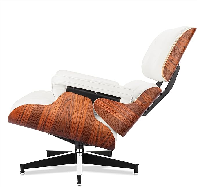 Top White Grain Leather Mid Century Chaise Lounge Chair and Ottoman Modern Chair Classic Design Palisander Wood Heavy Duty Base Support for Living Room Office