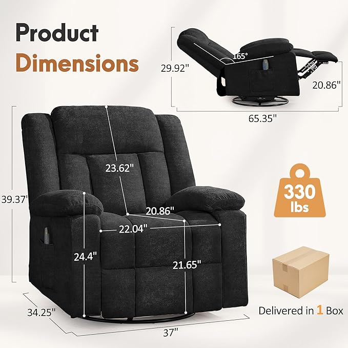 Rocker Recliner Chair for Adults 360° Swivel Rocker Recliner with Massage and Heating Nursery Rocking Chairs with Side Pockets Manual Reclining Chair for Living Room Bedroom or Nursery