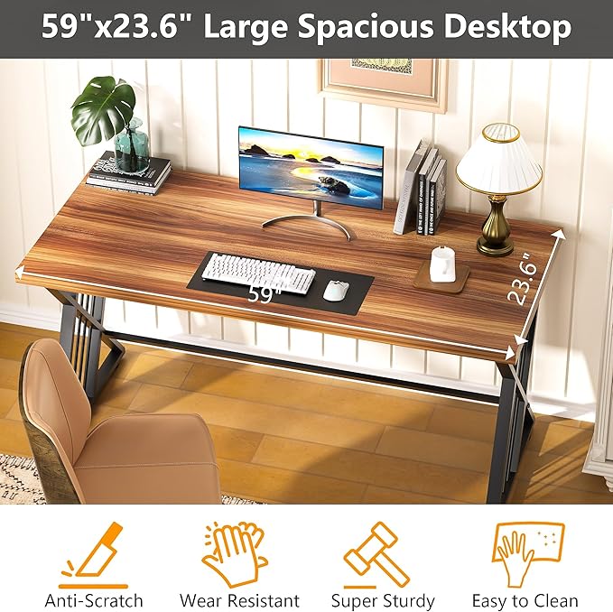 YOHKOH 59 Home Office Desk Extra-Wide 23.6 Workspace with 1.38IN Thick Top Heavy-Duty Z-Shaped Carbon Steel 10-Min 2-Person Assembly for Executive/Office/Home Study Walnut Brown