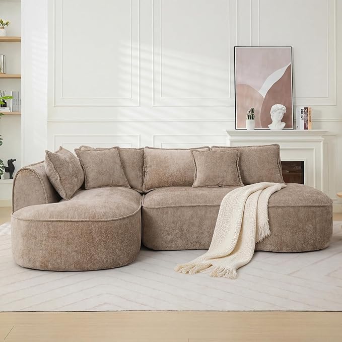 Modern Luxurious Oversized Boneless Couches Sectional Curved Sofa with 6 Pillows L-Shape Boneless Couch with Deep Seat High-Density Memory Foam No Assembly Required Chenille (Brown)