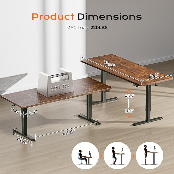 Huuger 71 x 30 Large Electric Standing Desk Height Adjustable Computer Desk 29.5 Deep Desktop Stand up Gaming Office Table with 2 Hooks 3 Preset Heights for Home Office Rustic Brown