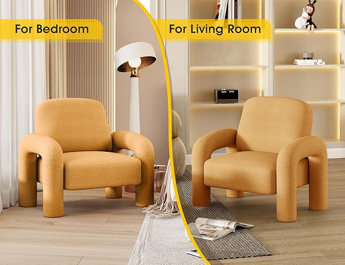 Modern Sherpa Accent Chair Teddy Upholstered Arm Single Sofa Cozy Fluffy Reading Chair for Living Room Bedrooms Corner (Yellow)