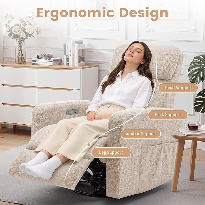 Power Swivel Recliner Chairs for Adults Electric Glider Rocking Chair Nursery Glider Recliner Nursery Chair with Classified Side Pocket Nursery Rocking Chairs with USB and Type-C Ports