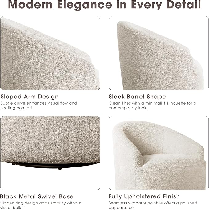 Ink+Ivy Bonn Swivel Accent Chair Cozy Plush Boucle Upholstered Barrel Chair for Living Room Modern Family Room Sofa Bedroom Lounge Furniture 30 W Cream