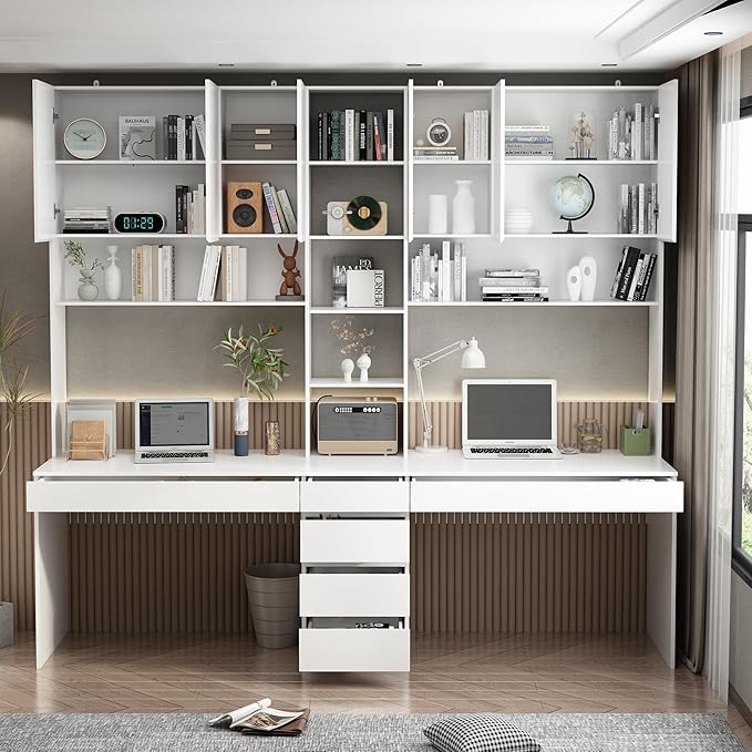Homsee White Large 2-in-1 Computer Desk for 2 Person with 86.6 Tall Bookshelf 94.5 L Office Desk Writing Study Table with 6 Drawers 15 Shelves &amp 6 Doors for Home Office