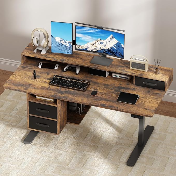 63x24 Inches Standing Desk with Drawers Electric Computer Desk with Open Storage Shelf Stand Up Desk Adjustable Height 28-46 Inches for Home and Computer Workstation Rustic Brown