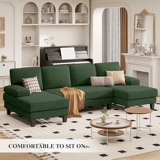 110 U-Shaped Sectional Sofa Couch for Living RoomModern Modular Sofa with Double ChaiseClassic Lounge Couch Sleeper for Apartment Green Linen