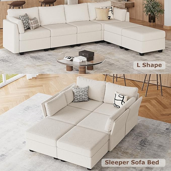 114.17 Modular Sectional Sofa 6 Seat Sectional Couches with Storage Memory Foam Convertible Modular Couch for Living Room U Shaped Comfy Modular Sofa with Chaise Beige