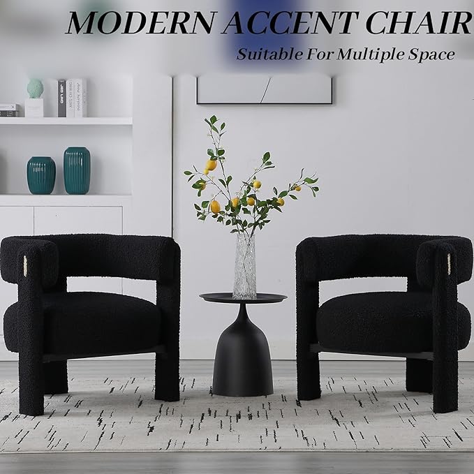 Wahson Modern Barrel Accent Chairs Set of 2 | Boucle Upholstered Armchair Single Sofa Side Reading Living Room Chair | Three Legs Black Sherpa