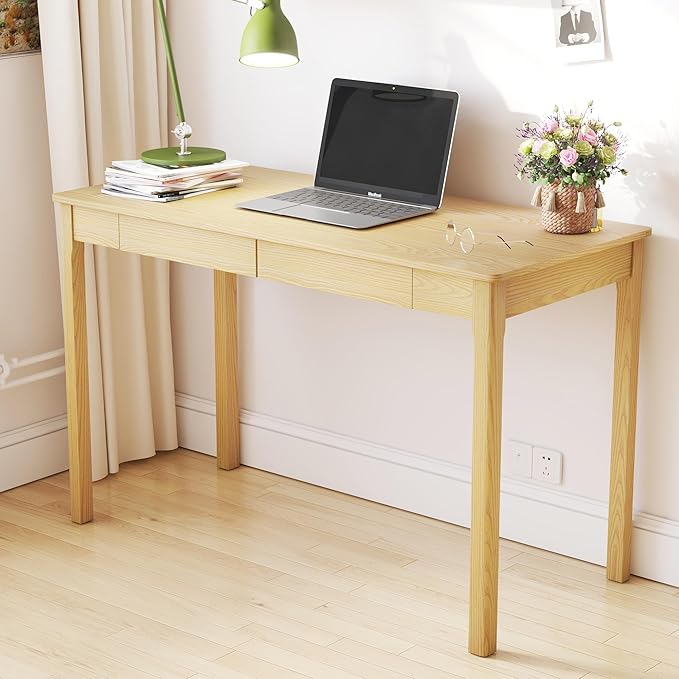 Solid Ash Wood Desk - 47.2 Inch Natural Boho Desks 220LBS Capacity Writing Desk with Drawers Simple Study Table Home Office Desks for Bedroom Living Room &amp Office