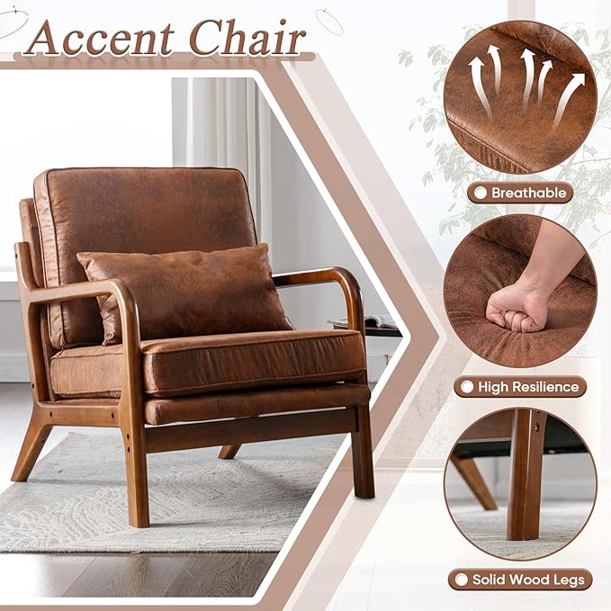 Accent Chair - Mid-Century Modern Chairs Living Room Furniture Set Bedroom Reading Solid Wood Arm Chair w/Lumber Pillow Comfy Cushion Ergonomic Lounge Armchair Office Side Chair (Coffee Set of 1)